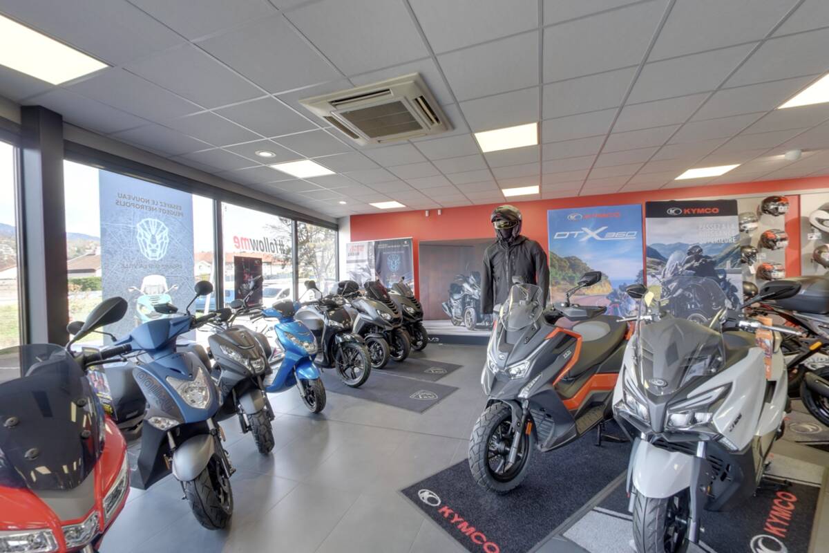 Kymco scooter area in the Profil Motos showroom near Annemasse