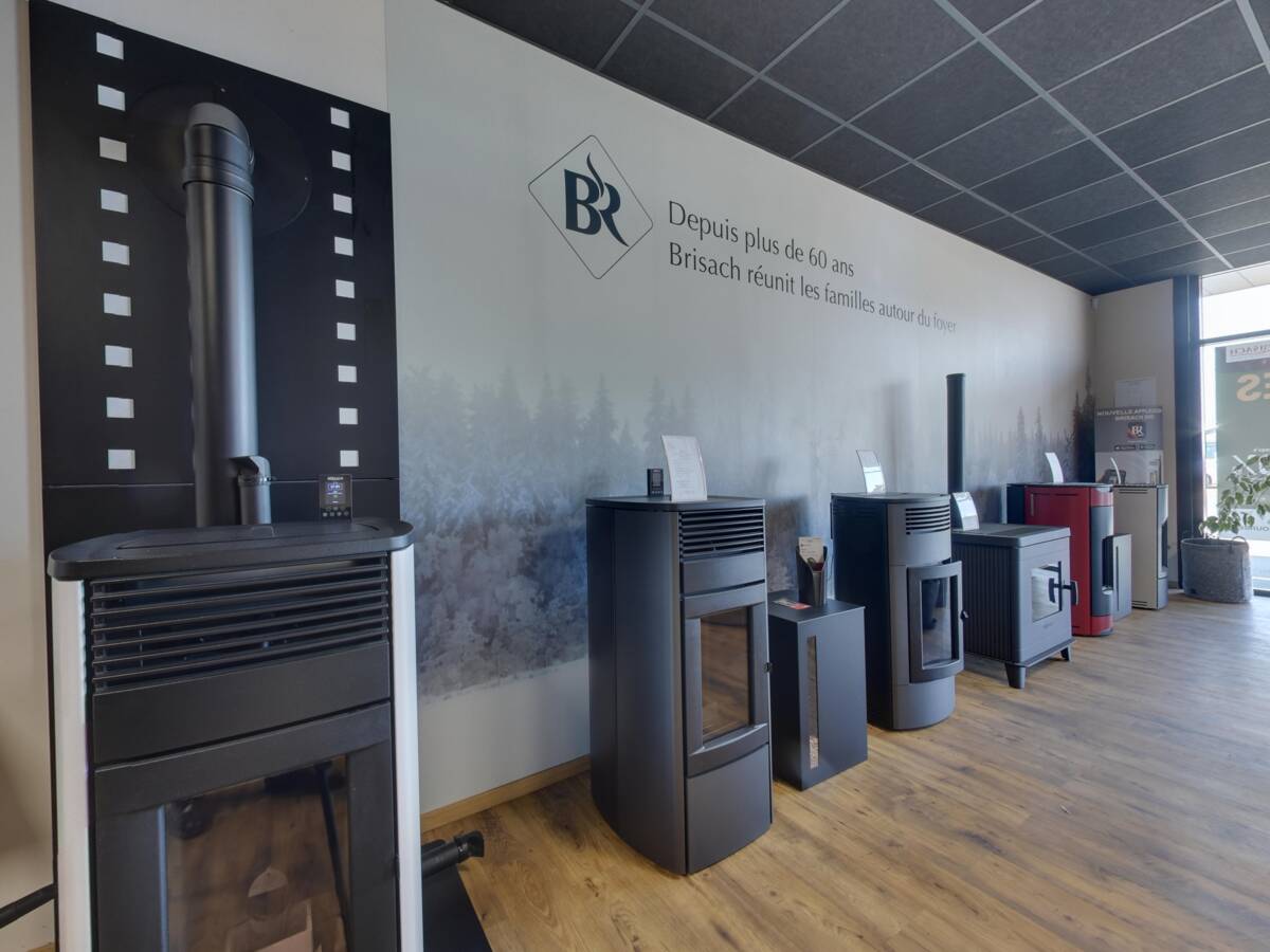 Row of wood and pellet stoves at Brisach Bernay
