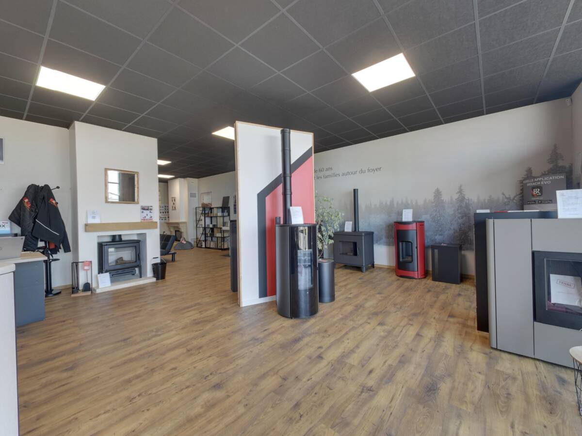 Stoves and fireplaces on display in the Brisach Bernay showroom near Bernay
